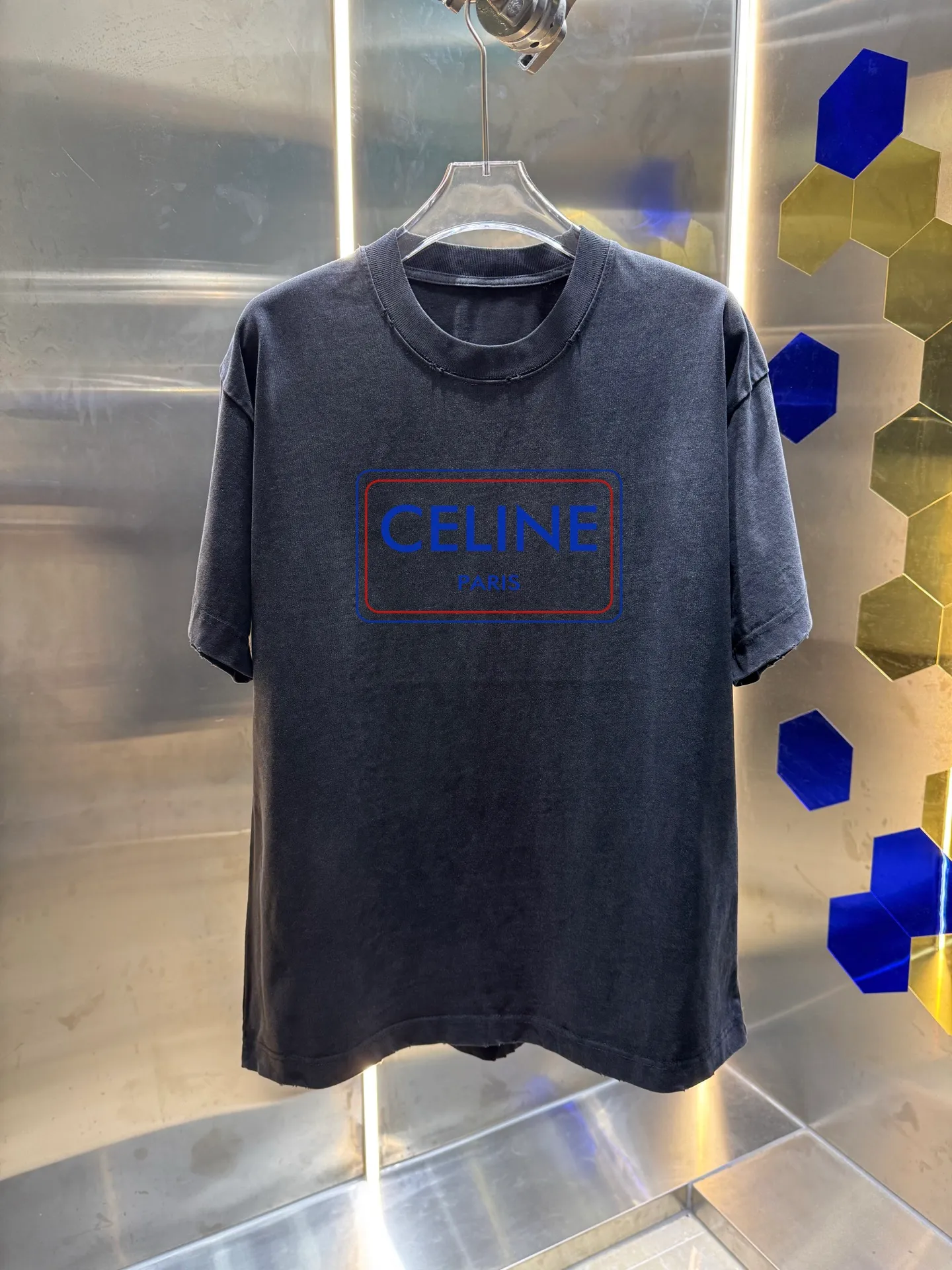 Celi*ne Celine Celin 2026 Spring and Summer Simple Letters Personalized Logo Customized Double Yarn Plain Cotton Fabric Short-sleeved T-shirt Men and Women Same Style Hangtag Collar Label Washed Mark Three Complete Labels Colors: Washed Black Washed White Washed Gray Washed Purple Sizes: S M L XL XXL